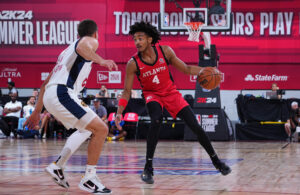 Kobe Bufkin plays with the Atlanta Hawks' Summer League team in 2023.